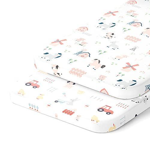 Bedside Sleeper Bassinet Sheets 35x20 Compatible with MiClassic, Milliard Bassinet and Large Bedside Sleepers – Snuggly Soft 100% Jersey Cotton – Farm Animals – 2 Pack - SHOP NO2CO2