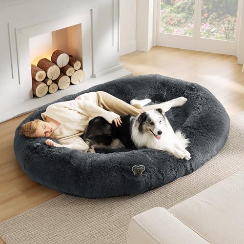 Bedsure Human Dog Bed for People Adults, Calming Human Size Giant Dog Bed Fits Pet Families with Memory Foam Supportive Mat and Storage Pocket, Fluffy Faux Fur Orthopedic Dog BeanBed, Dark Grey - SHOP NO2CO2