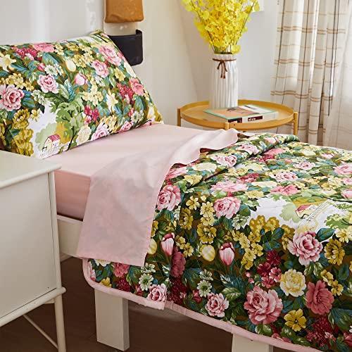 Brandream Toddler Bedding Sets for Girls Shabby Painting Floral Bed-in-a-Bag Organic Cotton Toddler Bed Comforter Set, 4Pcs Kids Children Bedding - Pink Green - SHOP NO2CO2