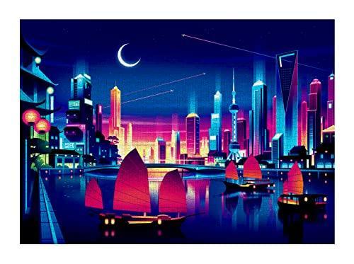 Cloudberries Skyline Puzzle | Bright Cityscape 1000 Piece Jigsaw Puzzles for Adults with Cool Neon Colors and Challenging Gradient Design | Hardest Jigsaw Puzzles for Adults - SHOP NO2CO2