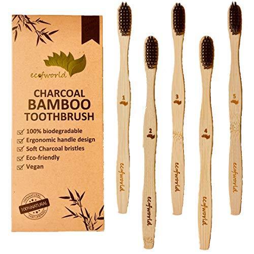 ECOFWORLD Soft Charcoal Bamboo Toothbrush - Natural Wooden Organic | USDA Certified Eco-Friendly | Extra Soft BPA Free Bristles Biodegradable | Individually Packed (Adults - 5 Pack) - SHOP NO2CO2