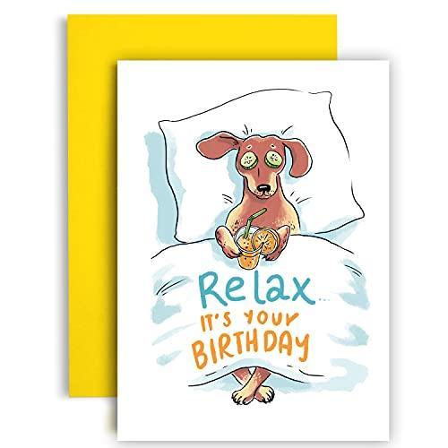 Huxters ‘Relax, It’s Your Birthday’ Humourous A5 Illustrated Dog Slogan Card - Fun Gift for Him or Her - Recyclable Paper with Envelope - Greetings Card, FSC Certified and Sustainable… - SHOP NO2CO2