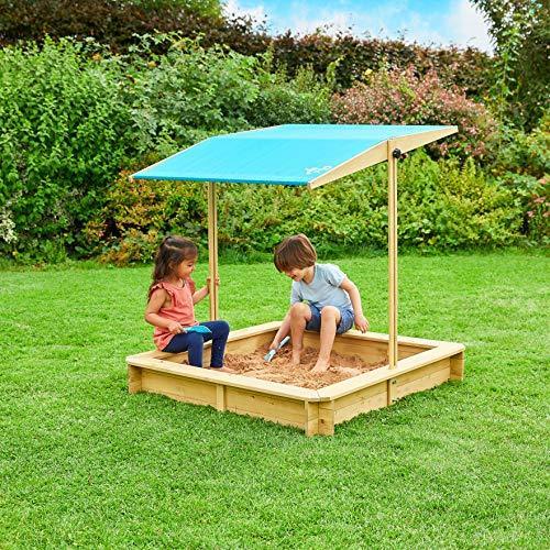 TP Toys, Wooden Sandpit with Sun Canopy, Large Outdoor Play Area with Canopy for Shade, Premium Sand Pit for Kids, Ideal for Gardens, Parks and Playgrounds, 118 x 118 x 120cm, Ages 2 Years+ - SHOP NO2CO2