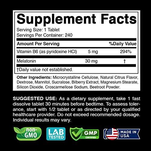 Vitabod Melatonin 30mg with B6-240 Fast Dissolve Tablets - Drug Free - Natural Citrus Flavor - Vegetarian, Non-GMO, Gluten Free - SHOP NO2CO2